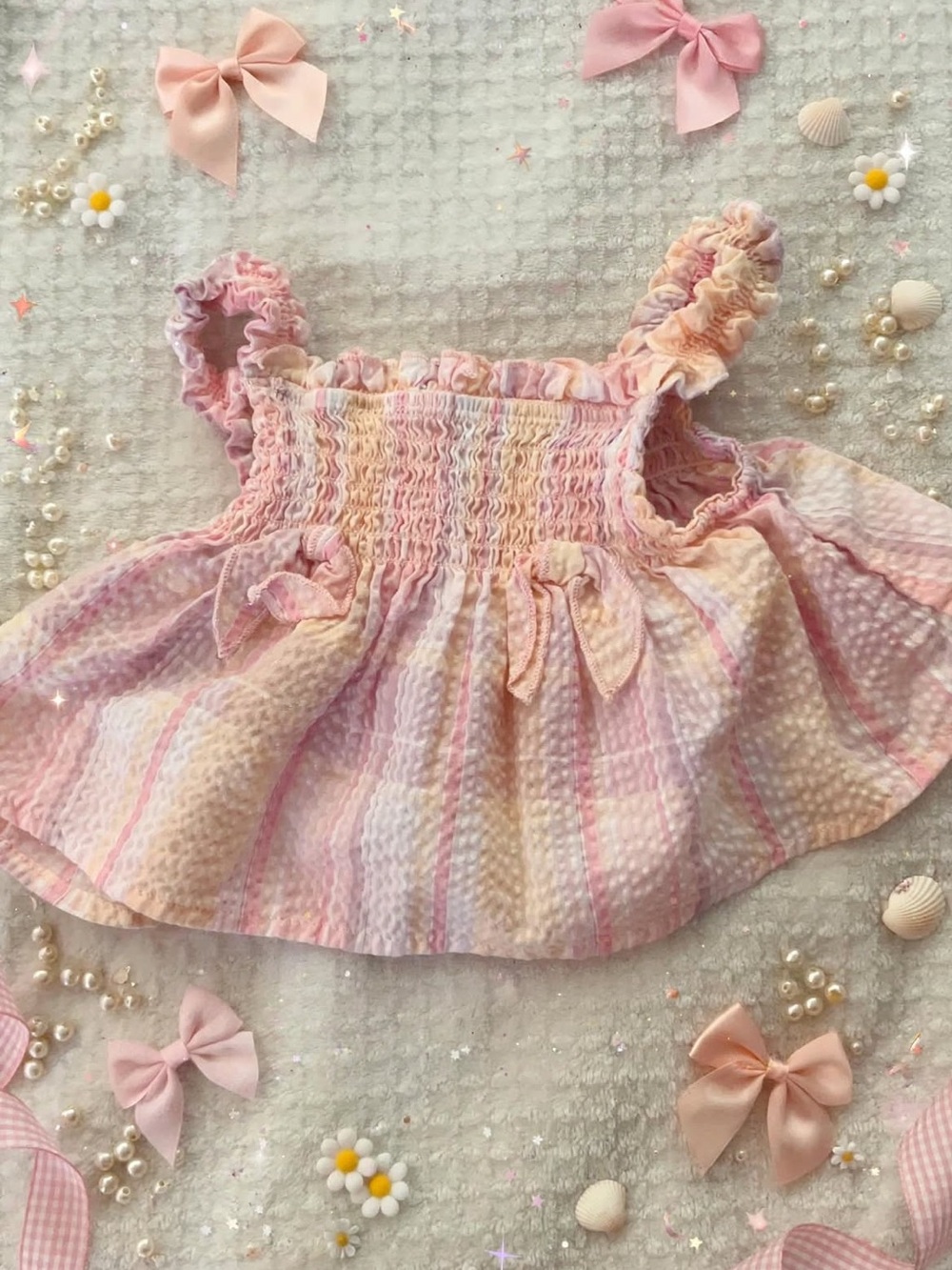 Rare Editions Pastel Pink & Cream Smocked Ruffle Tank Top